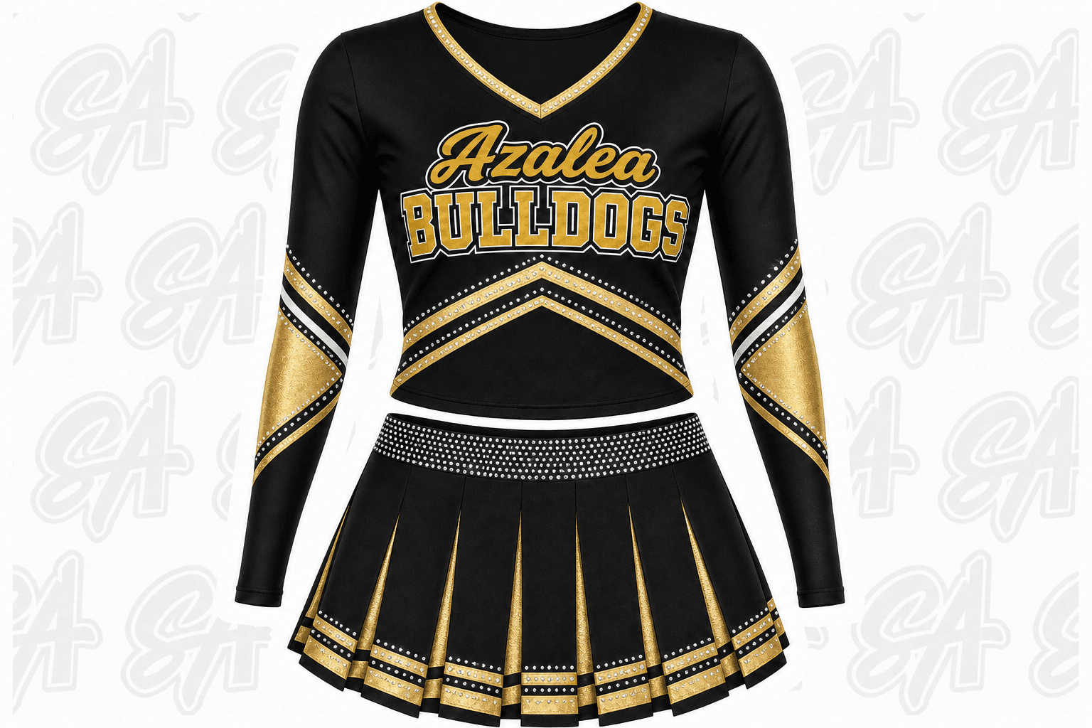 Custom rhinestone cheer uniform - black and gold Azalea Bulldogs long-sleeve shell and pleated skirt - Slugger Athletics