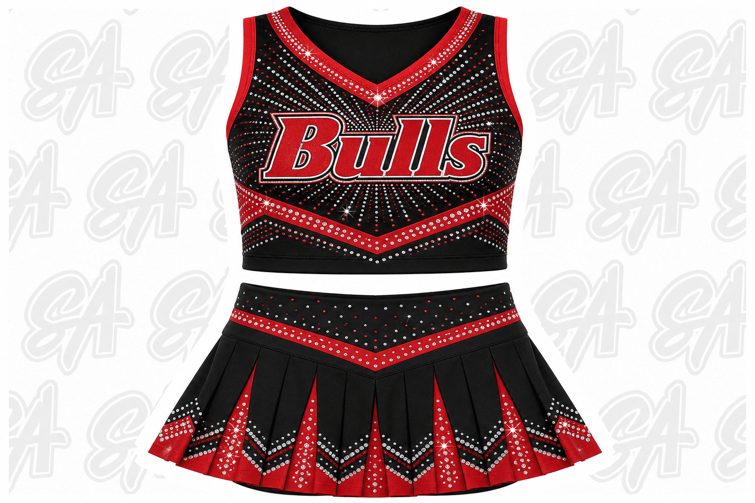 Custom rhinestone cheer uniform - black and red Bulls crop top and pleated skirt with crystals - Slugger Athletics