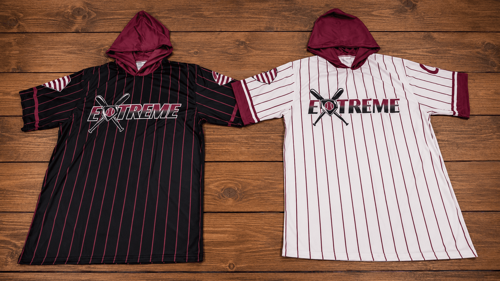Black and white Extreme short-sleeve hooded baseball shirts with burgundy pinstripes.