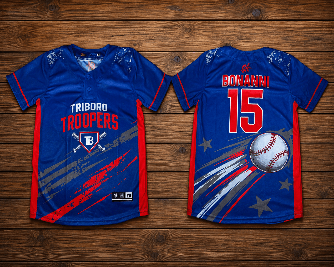 Front and back of blue and red Triboro Troopers two-button baseball jerseys with Bonanni number 15.