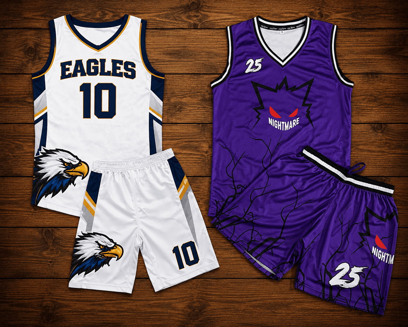Custom basketball uniforms - white and navy Eagles set and purple Nightmare jersey and shorts by Slugger Athletics