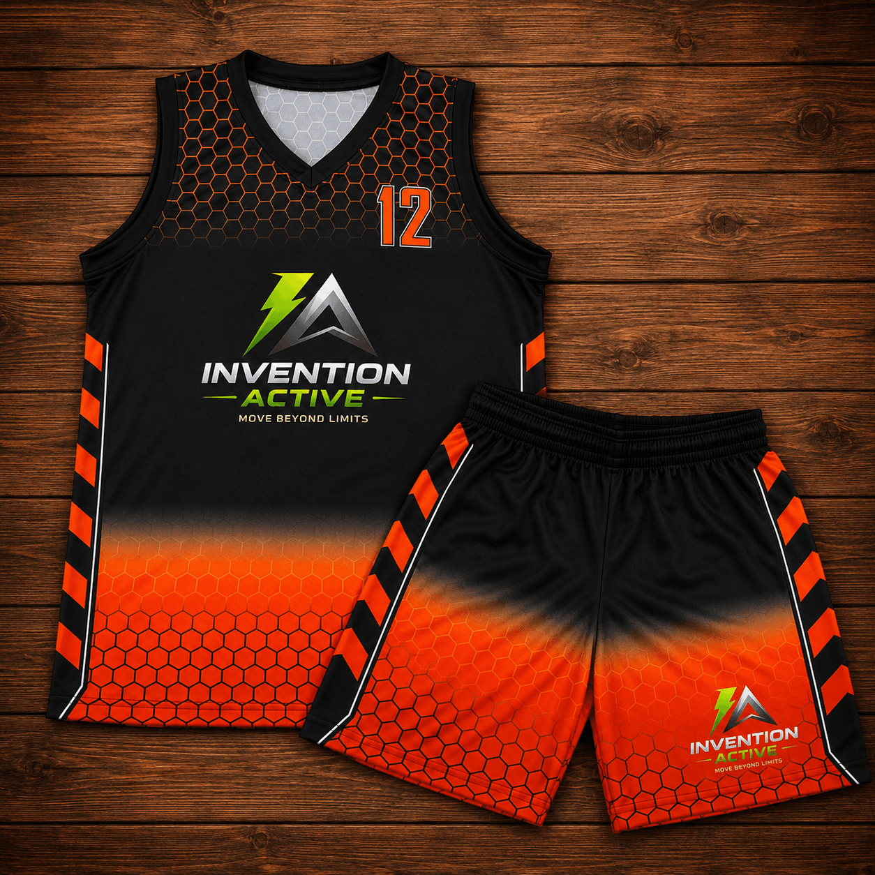 Custom basketball uniform - black and orange hex-pattern corporate team jersey and shorts by Slugger Athletics