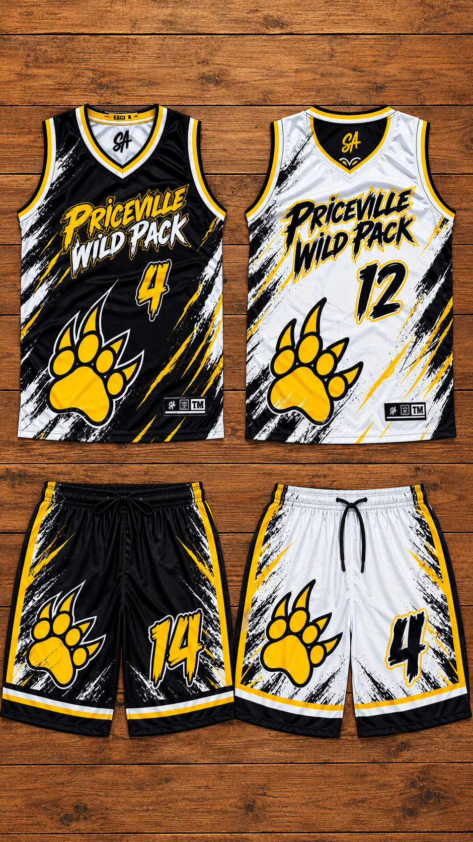 Black and white Priceville Wild Pack basketball uniforms with yellow paw graphics and matching shorts.