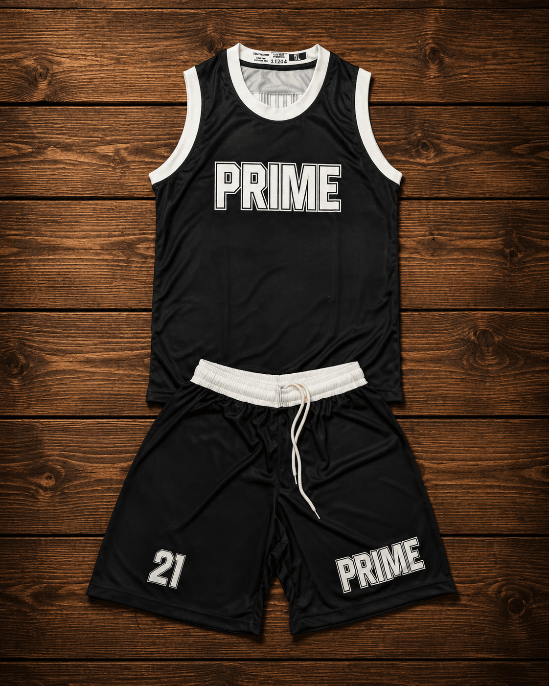 Black Prime basketball jersey and matching shorts with white trim and number 21.