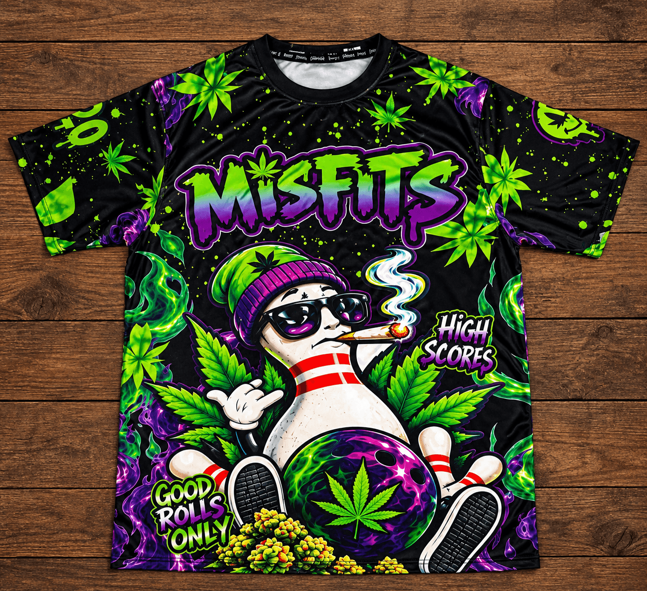 Black Misfits bowling shirt with green and purple bowling ball and pin graphics.