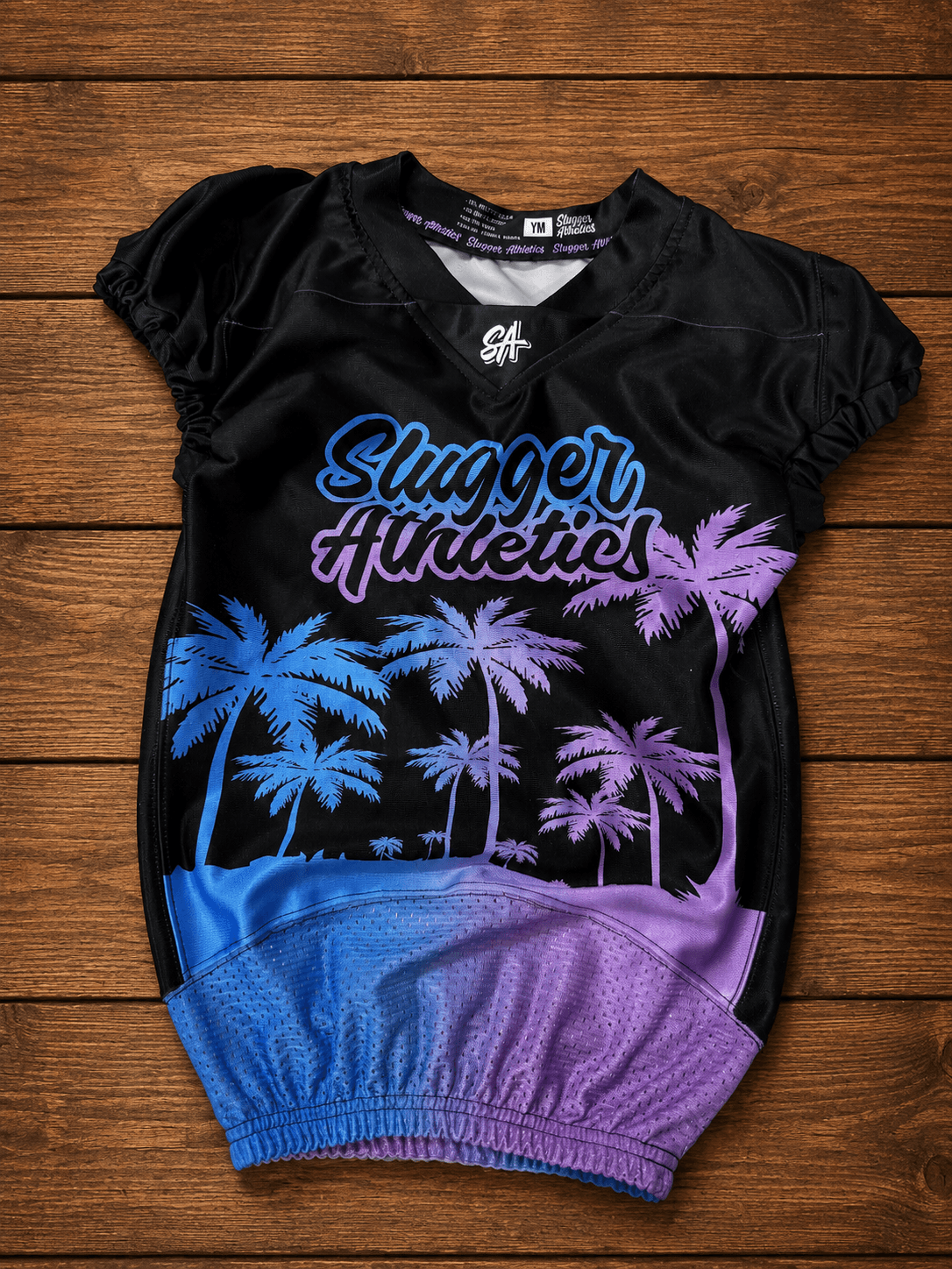 Custom youth football game jersey - black with blue and purple palm tree sublimation, Slugger Athletics house design