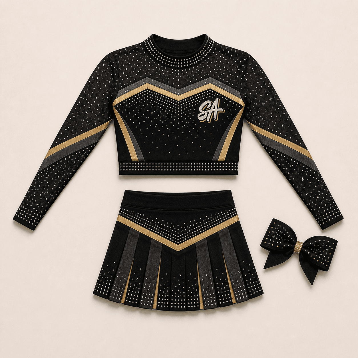 Black and gold Slugger Athletics custom cheer uniform