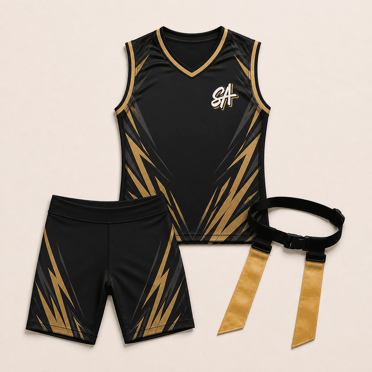 Black and gold Slugger Athletics custom flag football uniform