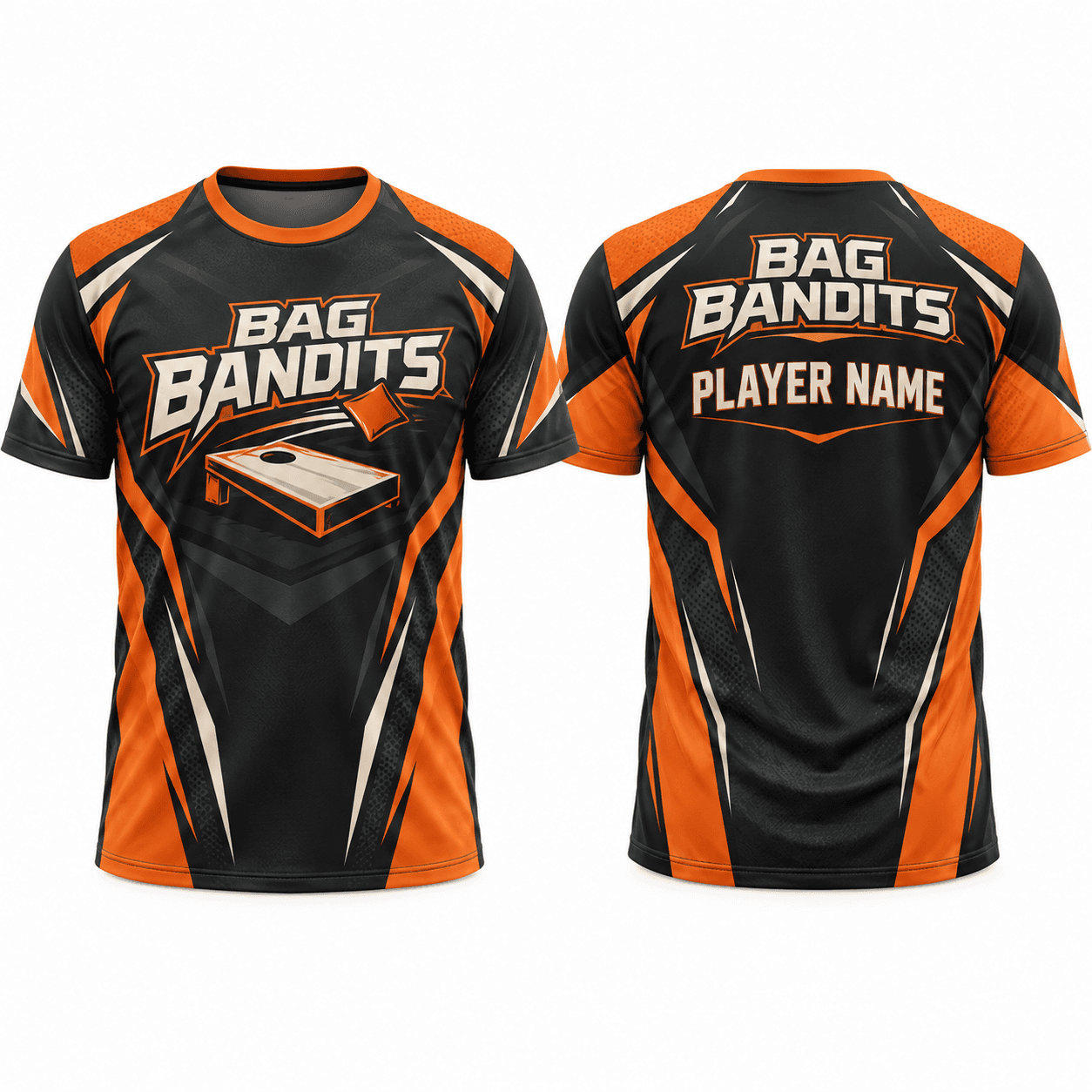 Front and back concept of an orange and charcoal Bag Bandits crew-neck cornhole jersey with player name