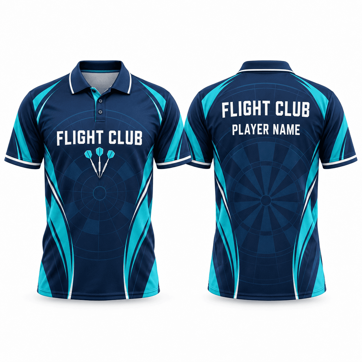 Front and back concept of a navy and teal Flight Club dart team polo with a collar, dart graphics, and player name