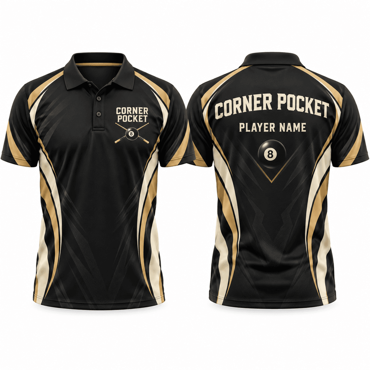 Front and back concept of a black and gold Corner Pocket pool team polo with a fold-over collar and player name