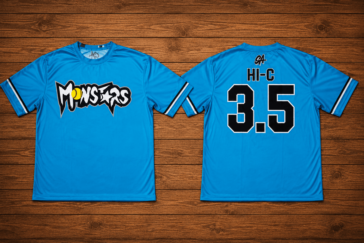 Front and back of a blue Monsters softball shirt with a yellow softball logo and personalized name and number.