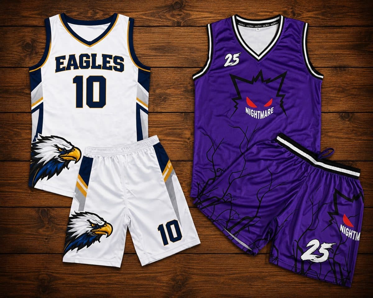 Custom basketball uniforms - white and navy Eagles set and purple Nightmare jersey and shorts by Slugger Athletics