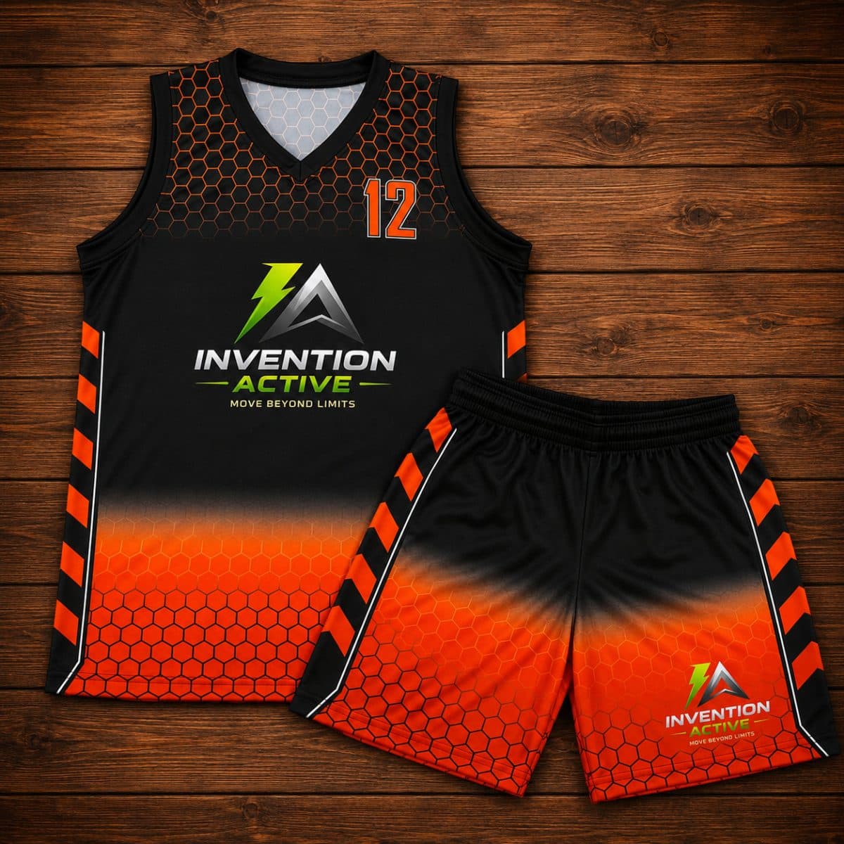 Custom basketball uniform - black and orange hex-pattern corporate team jersey and shorts by Slugger Athletics