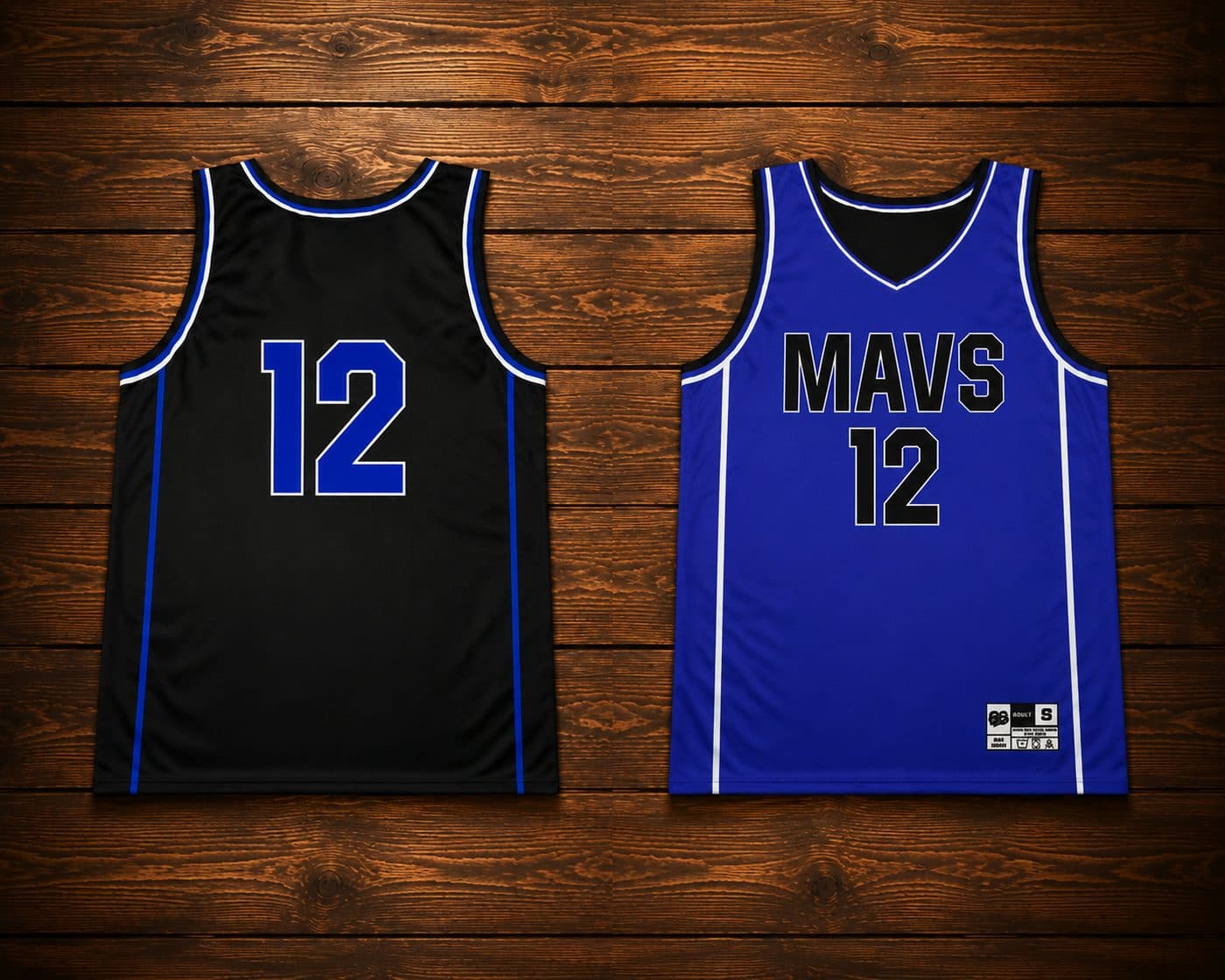 Reversible custom basketball jersey - black side and royal blue MAVS side, made by Slugger Athletics