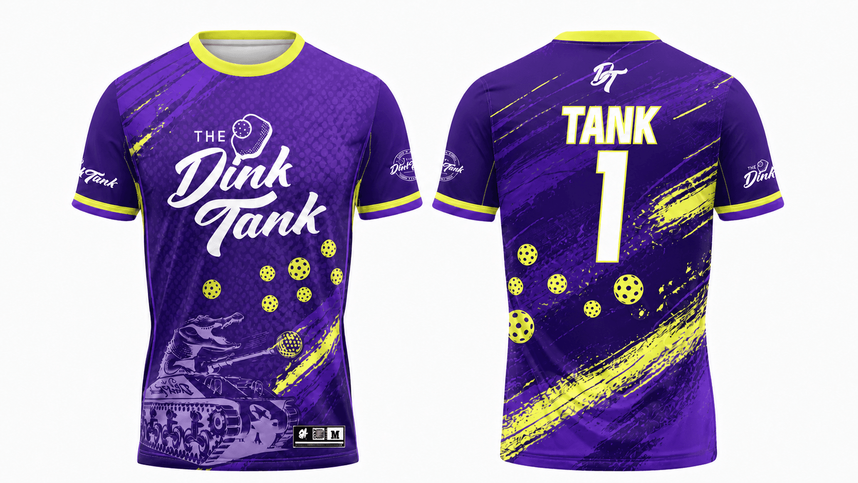 Custom pickleball jersey - The Dink Tank purple and yellow sublimated jersey, front and back - Slugger Athletics