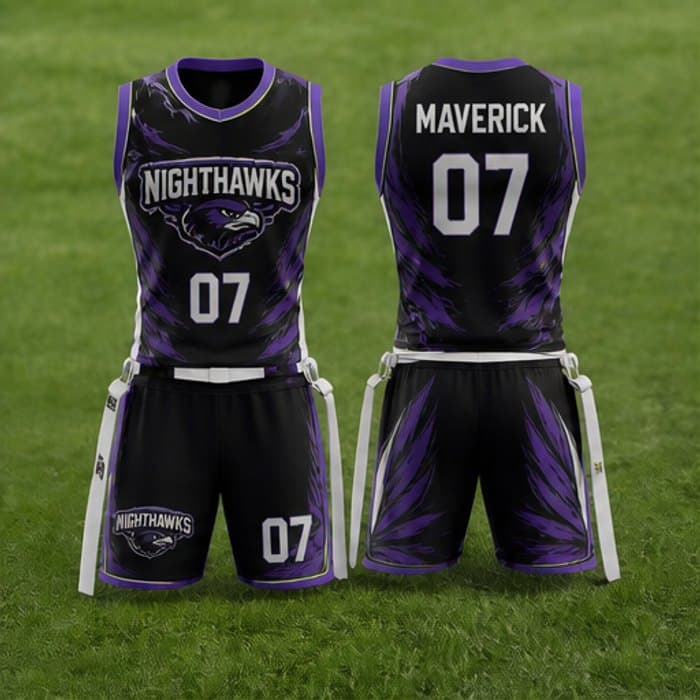 Custom purple and black flag football uniform with flag belt - sleeveless jersey and shorts, front and back, by Slugger Athletics