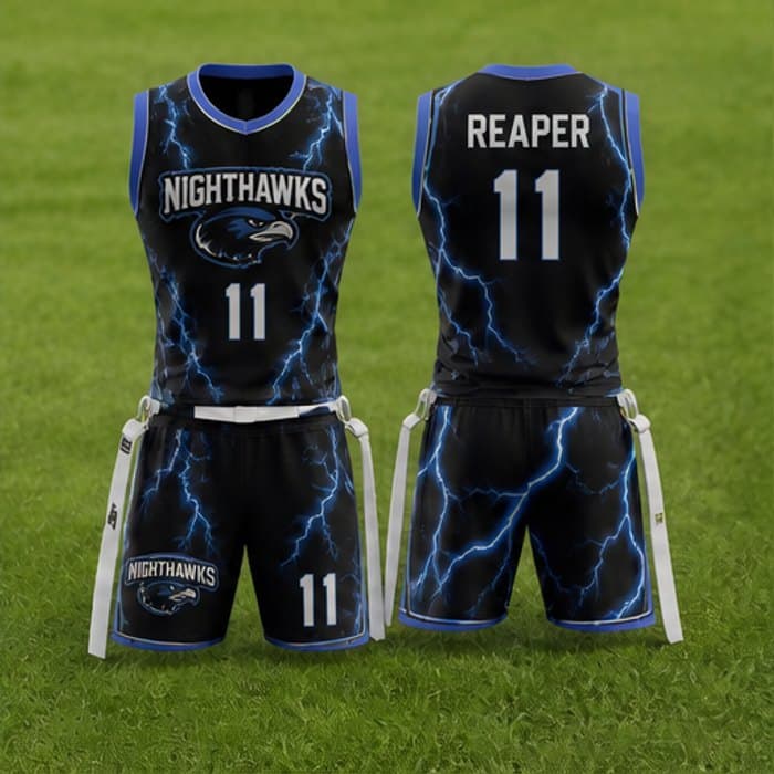 Custom blue lightning flag football uniform with flag belt - jersey and shorts by Slugger Athletics