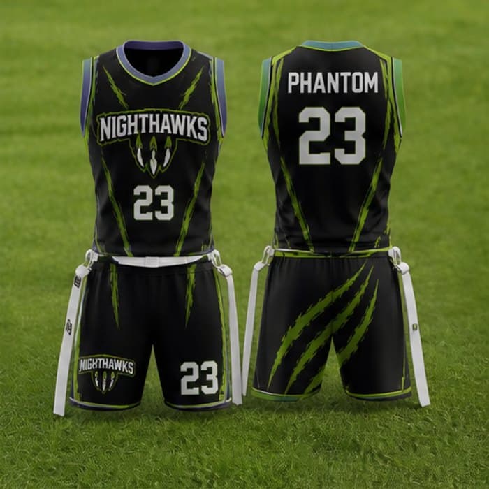 Custom green and black flag football uniform with flag belt - jersey and shorts by Slugger Athletics