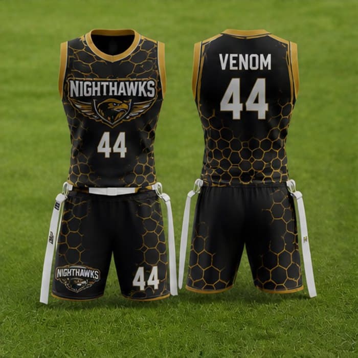 Custom gold flag football uniform with flag belt - jersey and shorts by Slugger Athletics