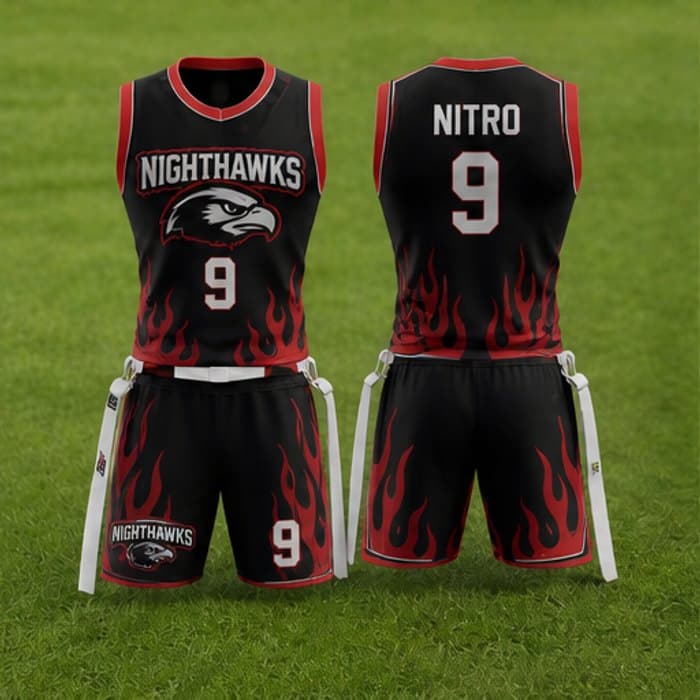 Custom red flame flag football uniform with flag belt - jersey and shorts by Slugger Athletics