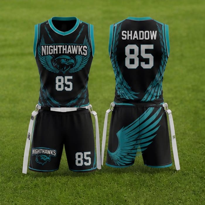 Custom teal flag football uniform with flag belt - jersey and shorts by Slugger Athletics