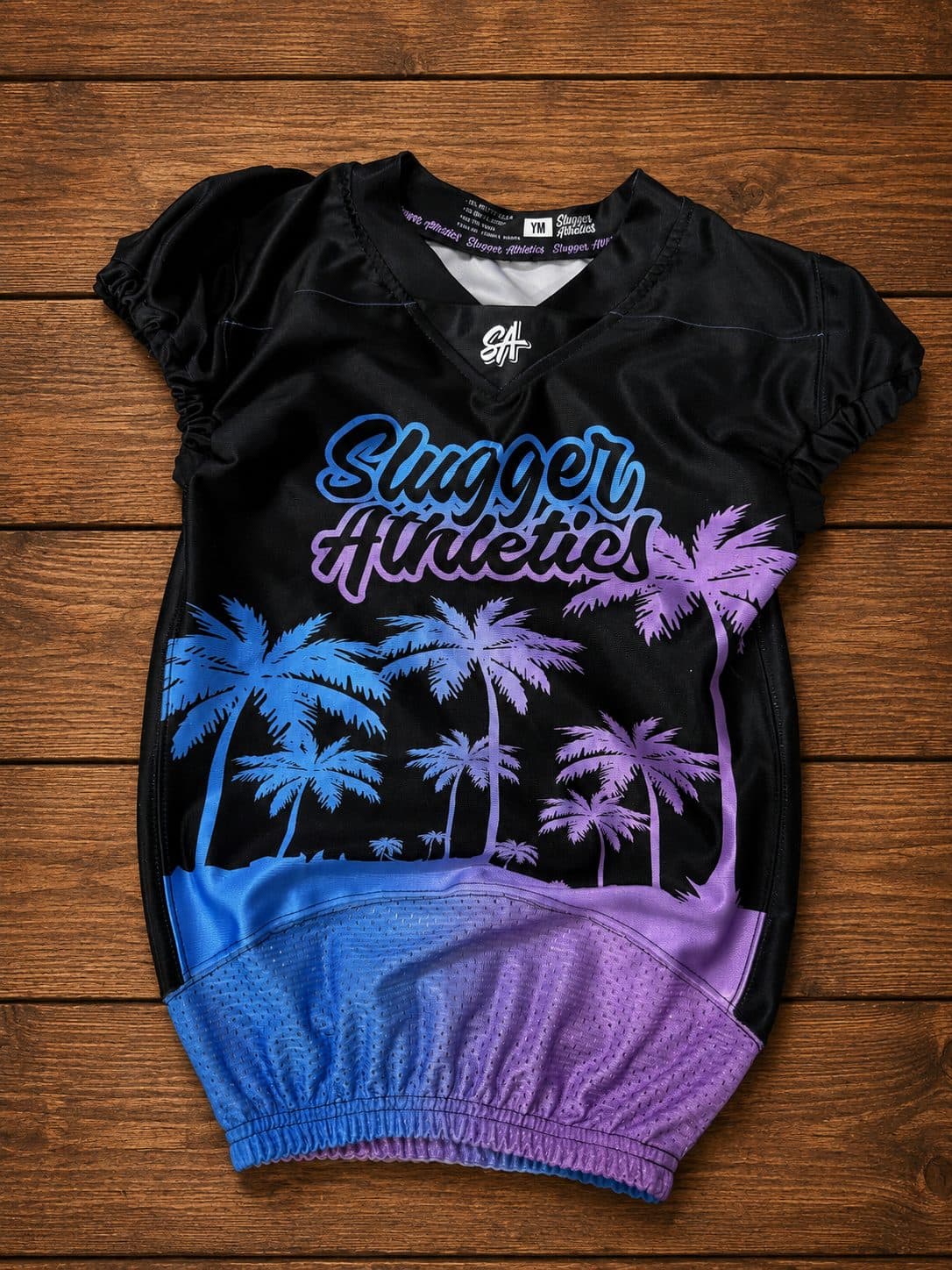 Custom youth football game jersey - black with blue and purple palm tree sublimation, Slugger Athletics house design