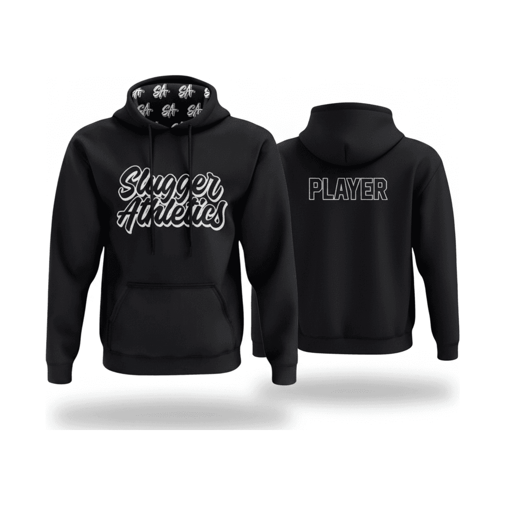 Black Slugger hoodie design mockup, front and back