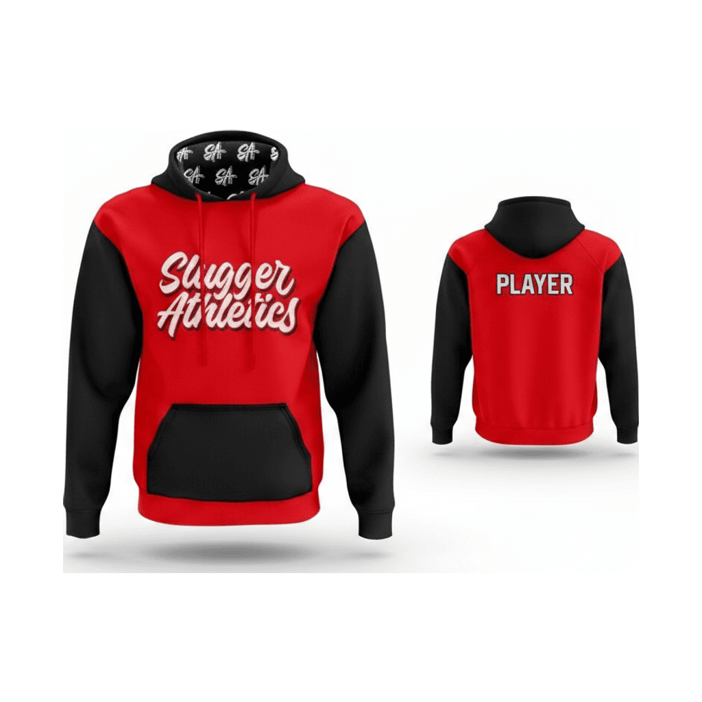Red and black Slugger hoodie design mockup, front and back