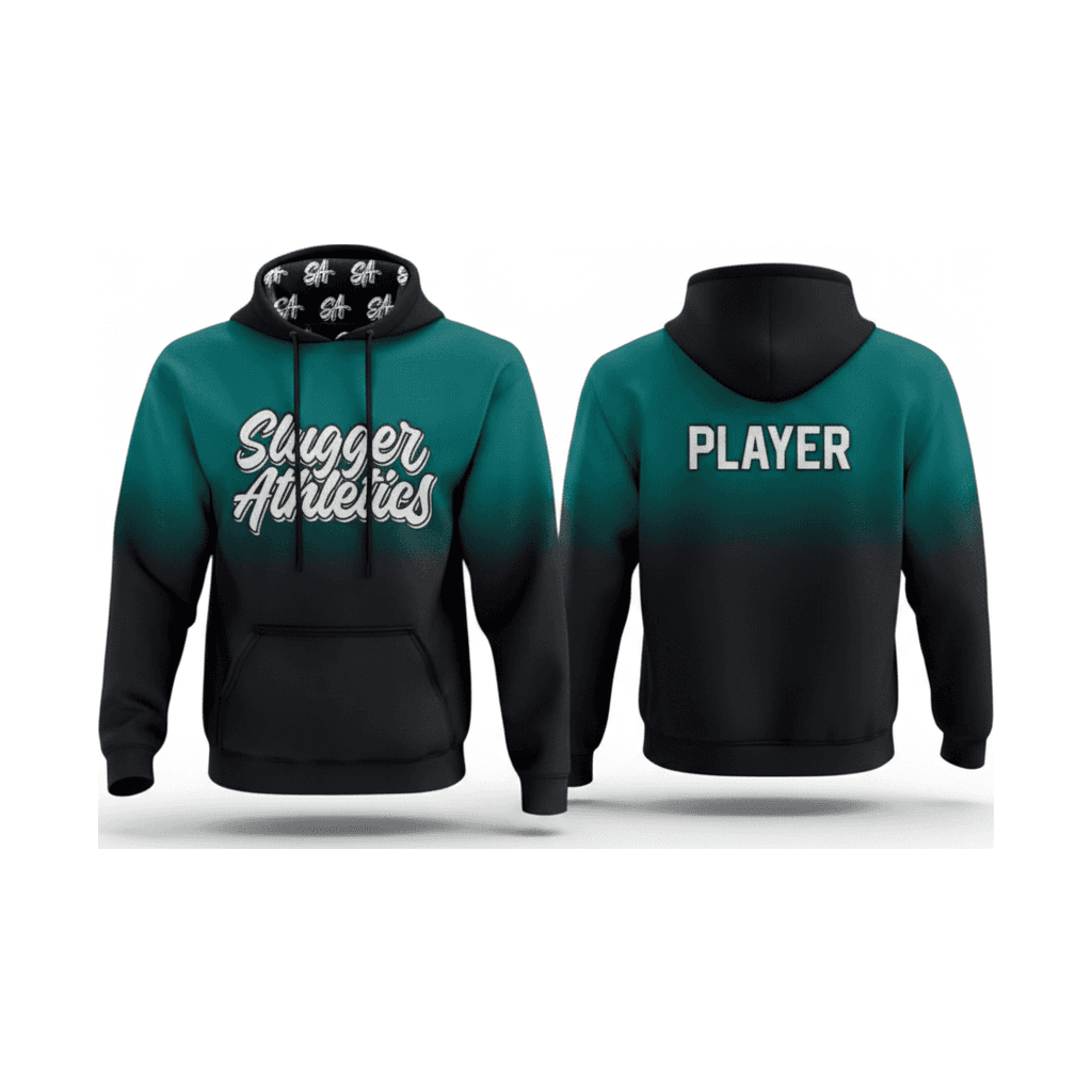 Front and back design mockup of a teal and black Slugger team hoodie