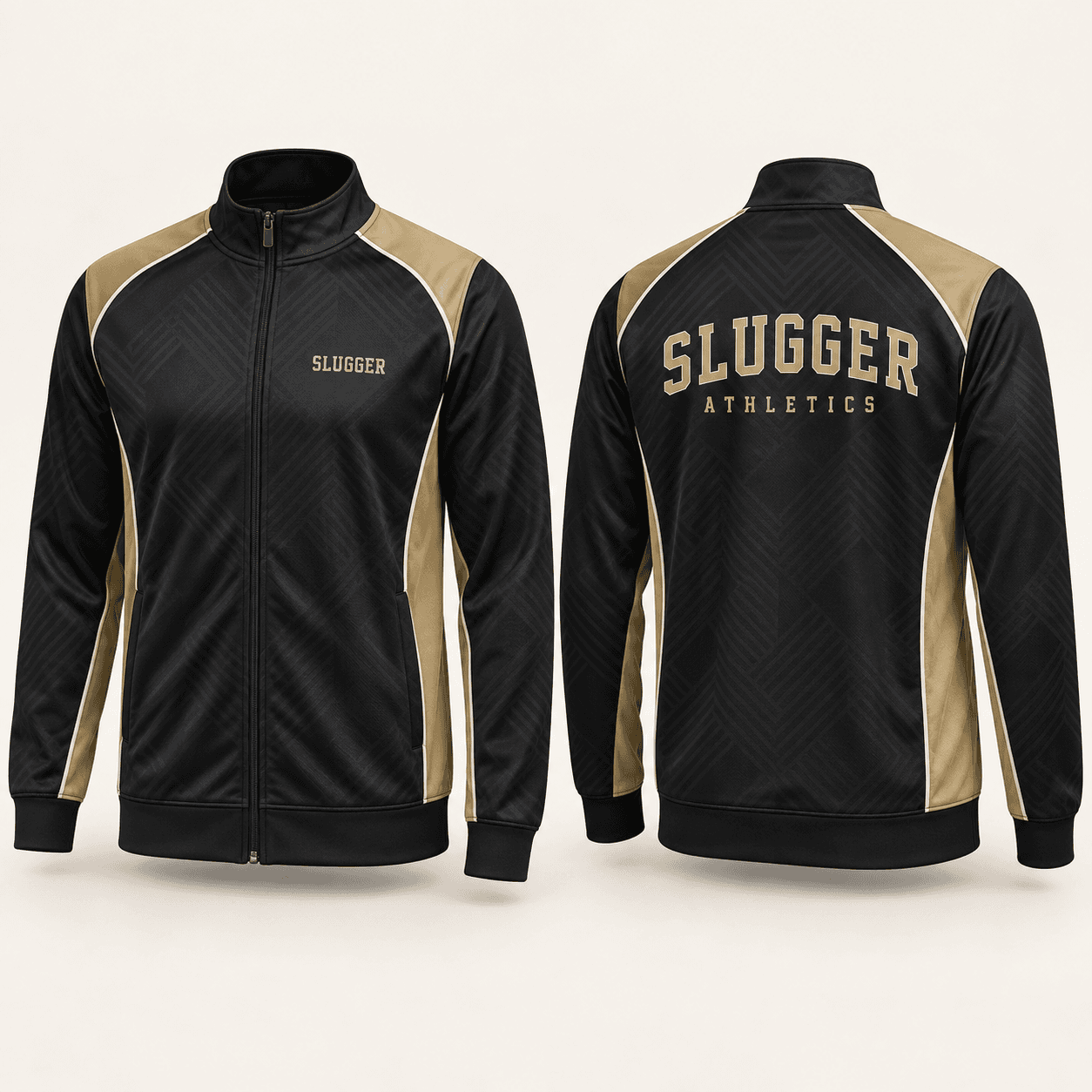 Front and back concept of a black and gold Slugger full-zip warm-up jacket