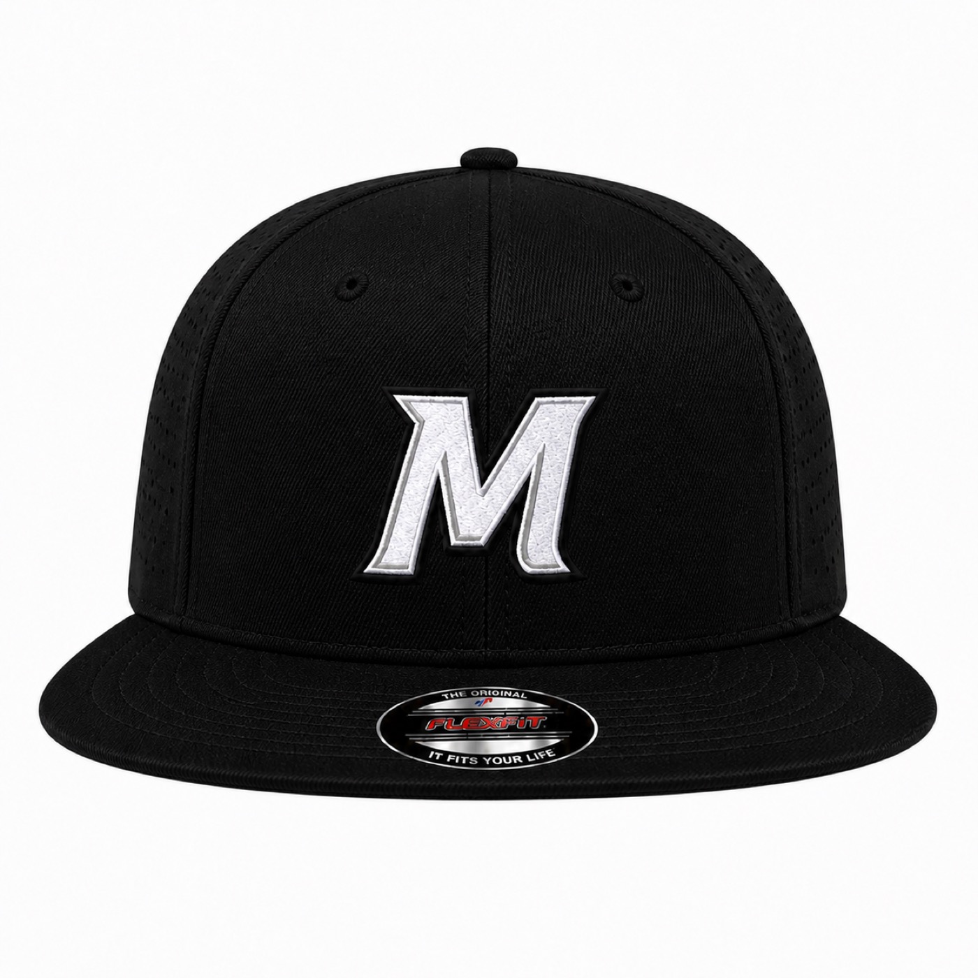 Black Flexfit hat with white 3D puff M embroidery - Slugger Athletics Ocala FL