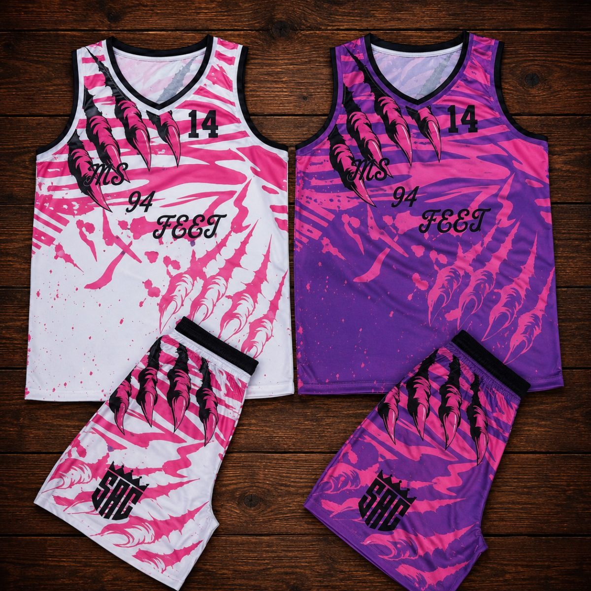 Custom sublimated basketball uniforms, pink jersey and shorts sets by Slugger Athletics