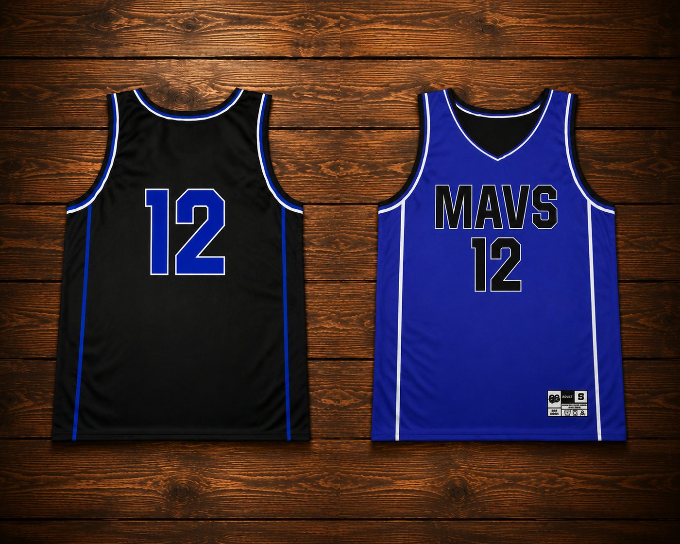 Custom reversible basketball uniform, black and royal blue, made by Slugger Athletics